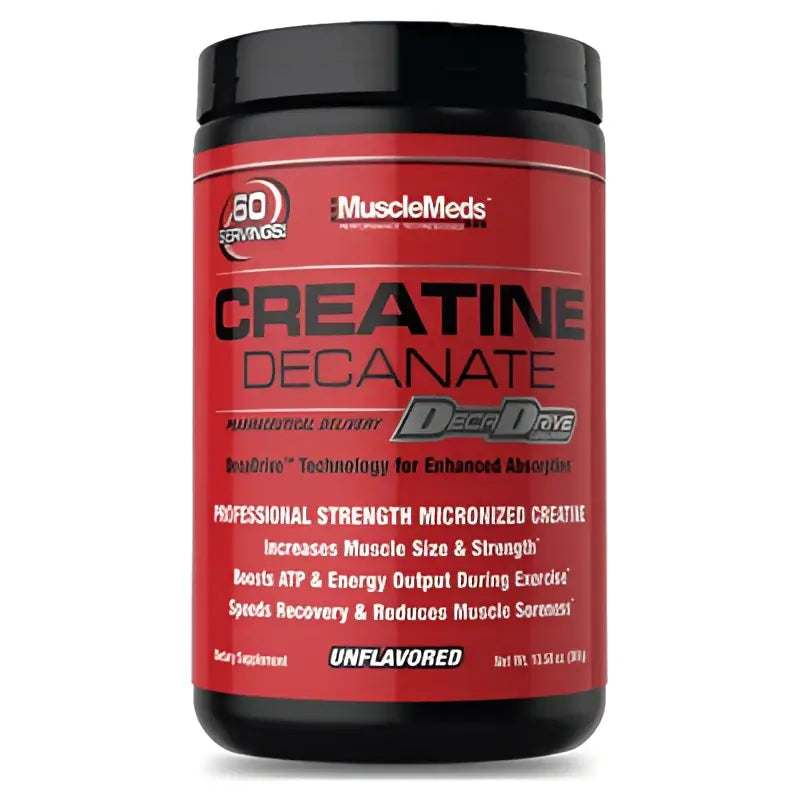 Envase rojo y negro de muscle meds creatine decanate polvo sin sabor creatina micronizada para suplemento deportivo